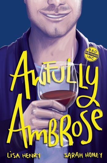 An illustration of a light-skinned young man holding a quite-empty glass of red wine. He's wearing a dark indigo shirt, casually unbuttoned over a pale blue t-shirt. His eyes aren't visible, but he has dark stubble with a warm and cheeky smile. The mood is welcoming and playful.