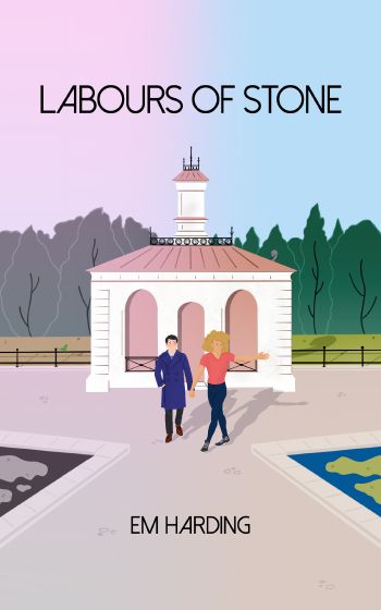 A pastel illustration of two light-skinned men walking hand in hand through an ornamental water garden: one has short dark hair and a long blue coat, the other has long fair hair and a coral shirt with an arm thrown out mid-stride. Behind them is a small green bird beside a white stone pavilion, where a small grey snake casts a large shadow. The mood is quirky, bright and cosy.