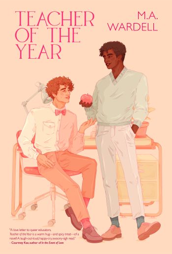 A pastel illustration of two men smiling at each other beside a desk with a reading lamp and potted plant. A light-skinned man with red curly hair and freckles, in a cream shirt and pink bowtie, sits at the desk. A dark-skinned man with short dark hair, in a pale green V-neck, stands beside him and holds out a red apple. The mood is warm and cosy.